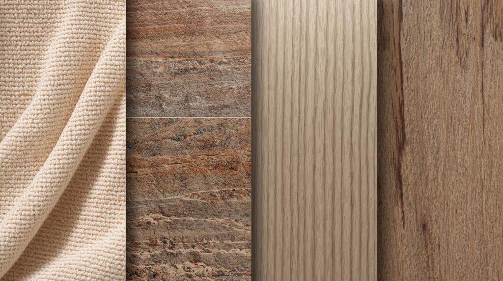 Close Up Textures For Modern Interior Design Soft Fabrics Boucle Natural Wood Grain Stone Surfaces Brushed Metal. Elegant High End Macro Photography Refined And Realistic 1024x573