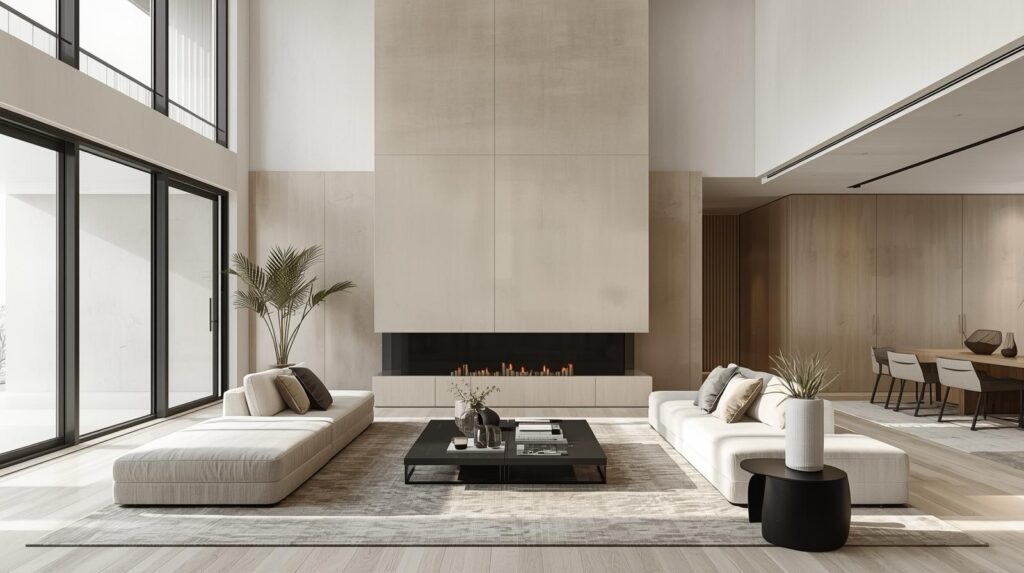 Minimal Modern Living Room. Clean Geometric Shapes Large Windows Neutral Colors Few Refined Decorative Elements. Elegant And Calm Atmosphere Premium Interior Design Photography 1024x573