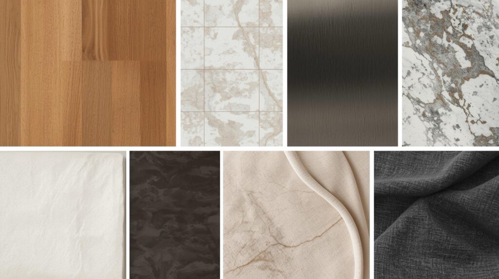 Modern Interior Materials Board. Natural Wood Textures Stone Surfaces Metal Details Soft Fabrics. Elegant And Contemporary Design Moodboard With Clean Layout And High End Finish 1024x573
